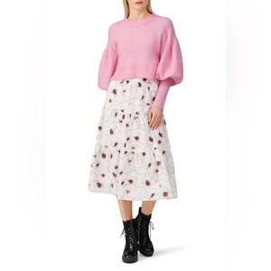 Soft Pink Crew Neck Sweater with Dramatic Sleeves